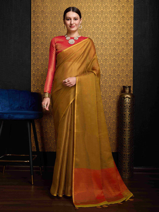 Gold Linen Festive Wear Saree With Blouse Piece