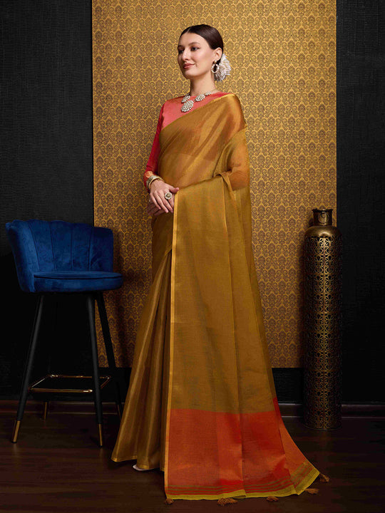 Gold Linen Festive Wear Saree With Blouse Piece