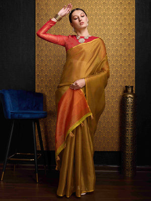Gold Linen Festive Wear Saree With Blouse Piece