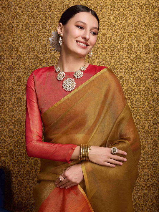 Gold Linen Festive Wear Saree With Blouse Piece