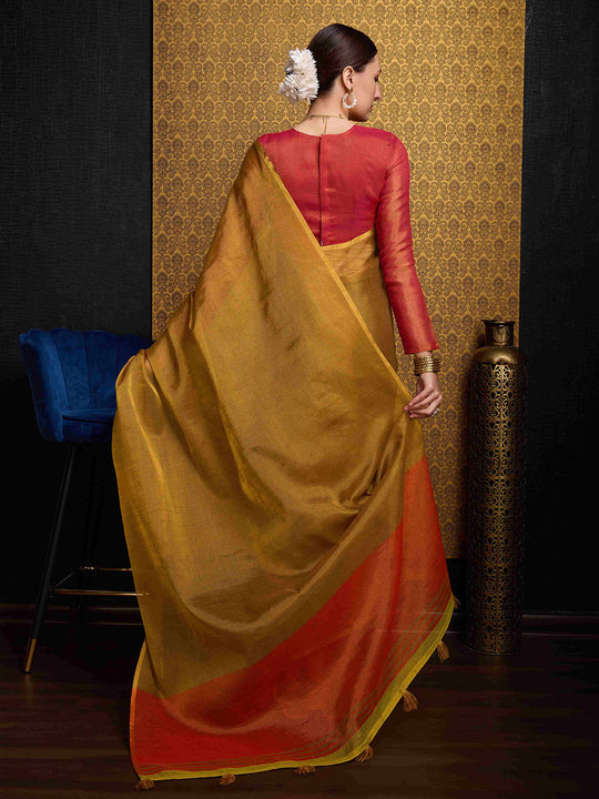 Gold Linen Festive Wear Saree With Blouse Piece