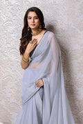 Grey Chiffon Saree With Blouse Piece