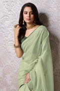 Pista Green Chiffon Saree With Blouse Piece