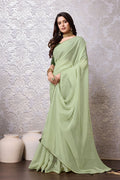 Pista Green Chiffon Saree With Blouse Piece