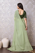 Pista Green Chiffon Saree With Blouse Piece