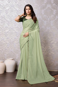 Pista Green Chiffon Saree With Blouse Piece