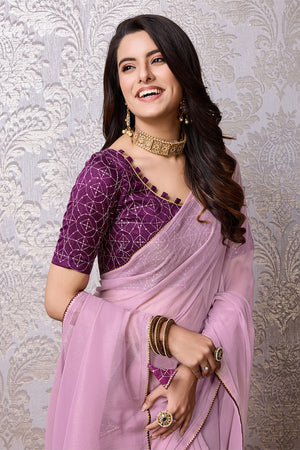 Purple Chiffon Saree With Blouse Piece