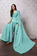 Teal Chiffon Saree With Blouse Piece