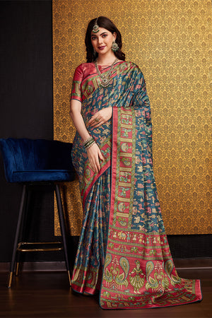 Blue Silk Ethnic Motifs Printed Saree