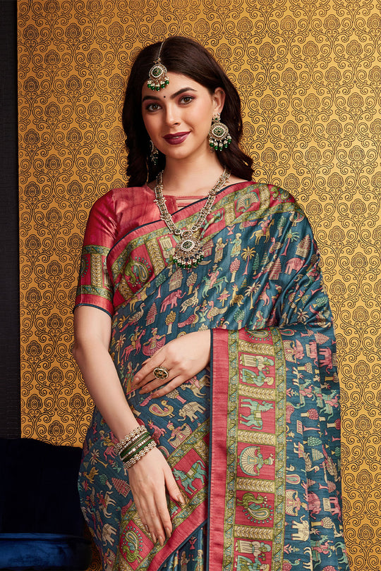 Blue Silk Ethnic Motifs Printed Saree