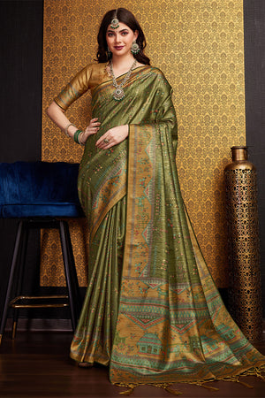 Mehendi Green Silk Warli Printed Zari Saree