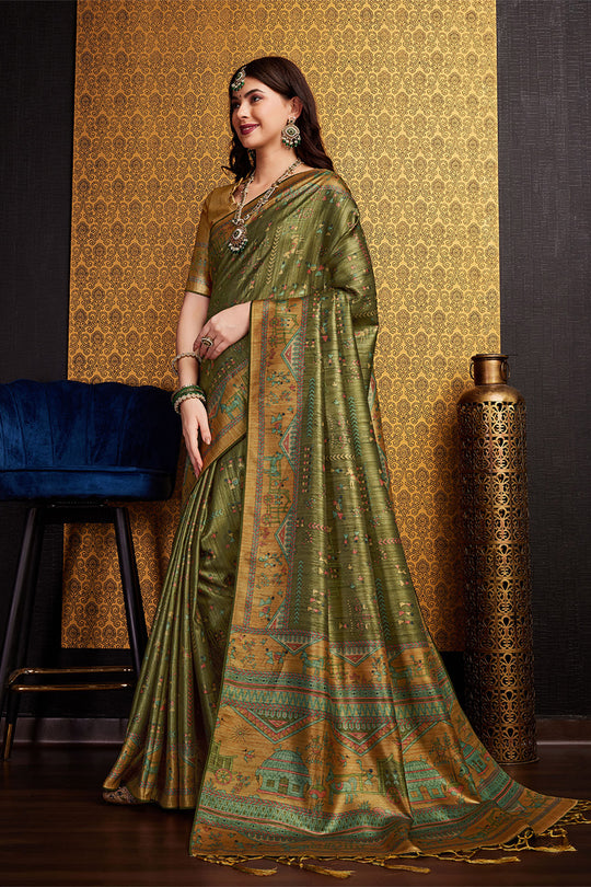 Mehendi Green Silk Warli Printed Zari Saree
