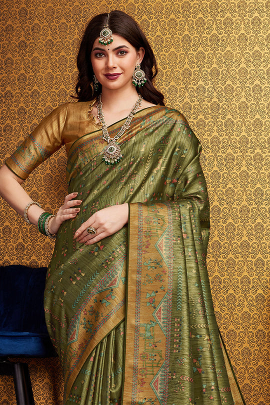 Mehendi Green Silk Warli Printed Zari Saree