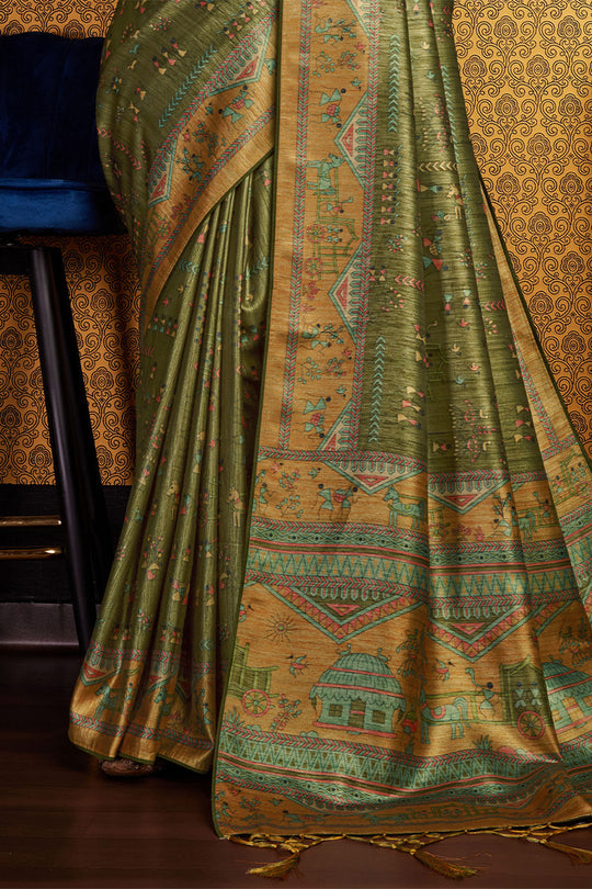 Mehendi Green Silk Warli Printed Zari Saree