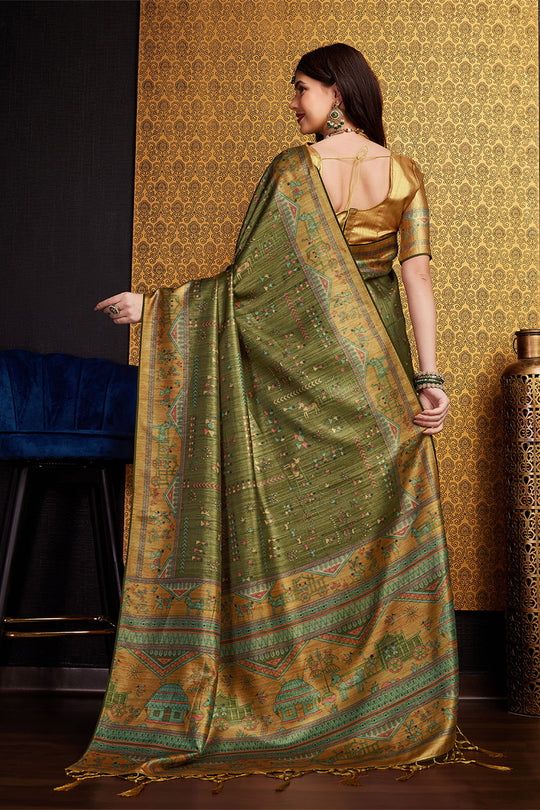 Mehendi Green Silk Warli Printed Zari Saree