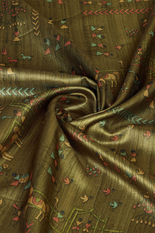 Mehendi Green Silk Warli Printed Zari Saree