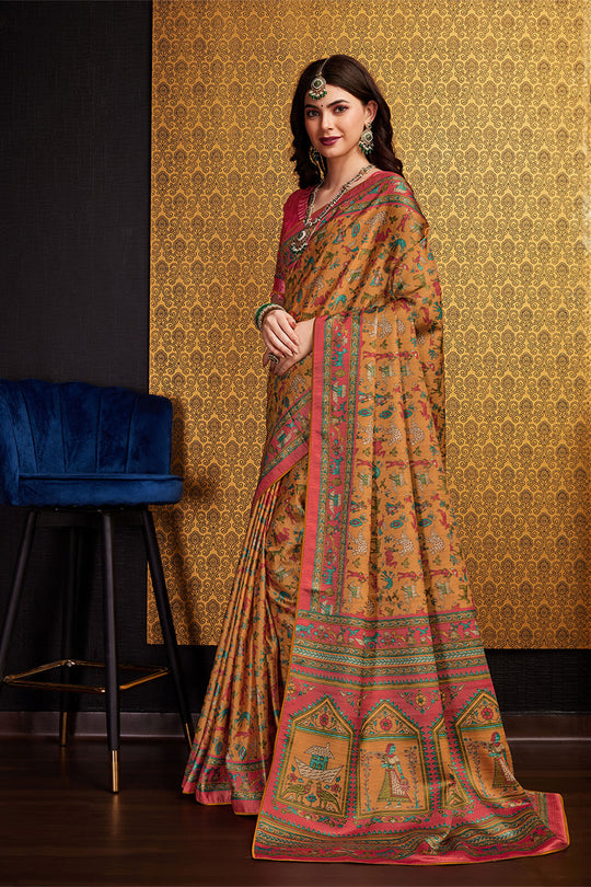 Mustard Silk Floral Printed Saree