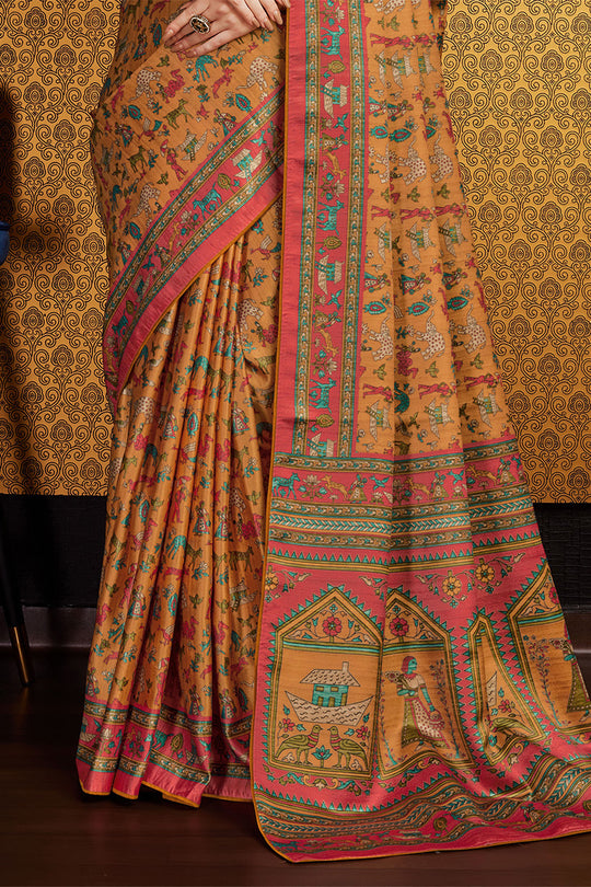 Mustard Silk Floral Printed Saree