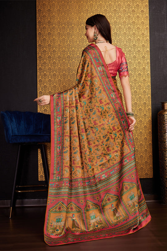 Mustard Silk Floral Printed Saree