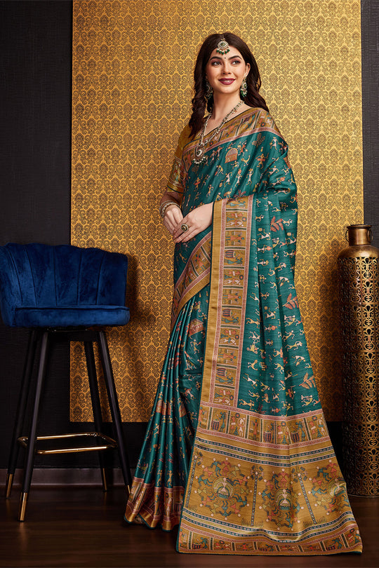 Green Silk Warli Printed Saree