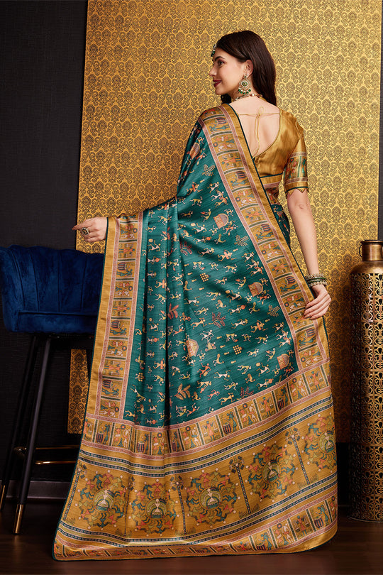 Green Silk Warli Printed Saree