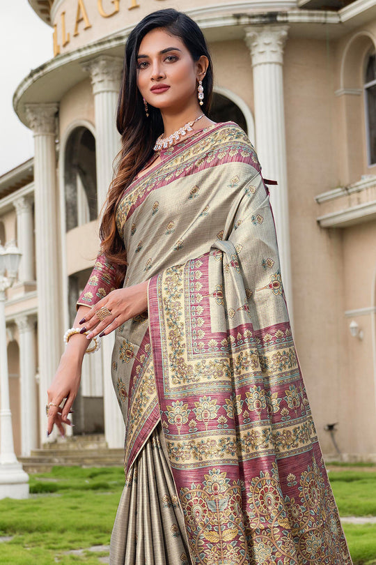 Tan Beige Satin Saree