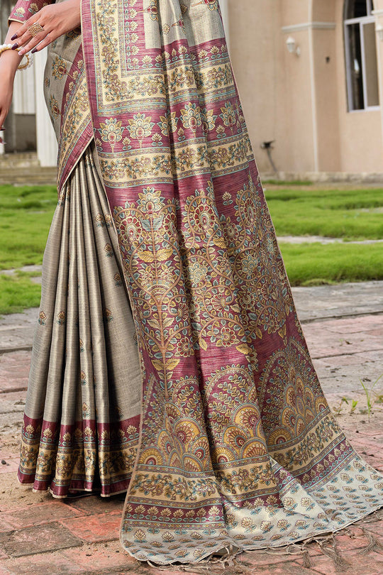 Tan Beige Satin Saree