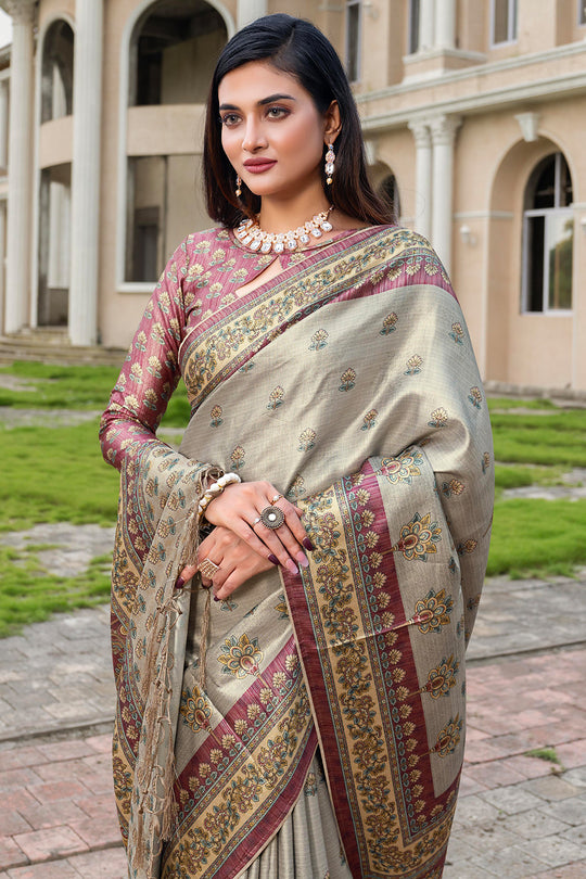 Tan Beige Satin Saree