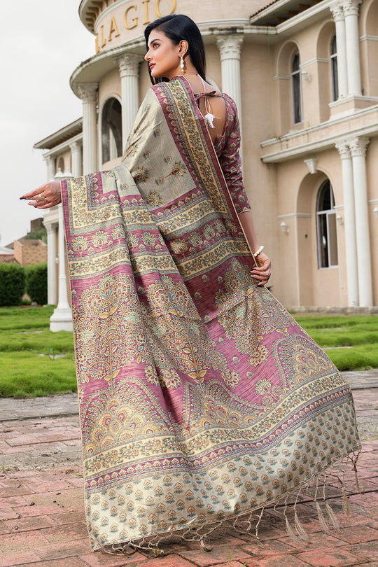 Tan Beige Satin Saree