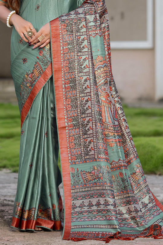 Firozi Green Satin Saree