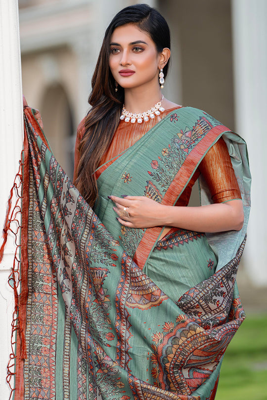 Firozi Green Satin Saree