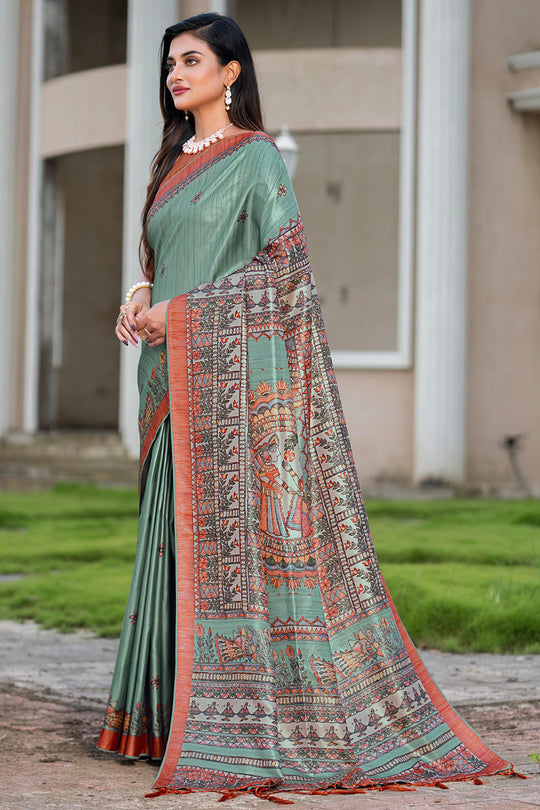 Firozi Green Satin Saree