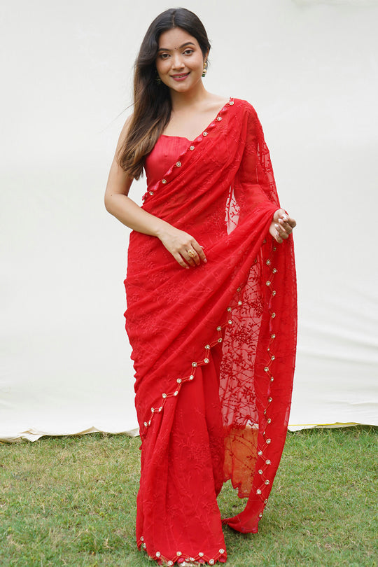 Red Georgette Saree With Blouse Piece