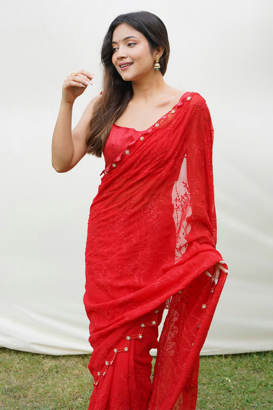 Red Georgette Saree With Blouse Piece