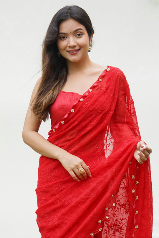 Red Georgette Saree With Blouse Piece