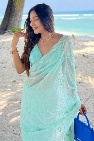 Sky Blue Georgette Saree With Blouse Piece