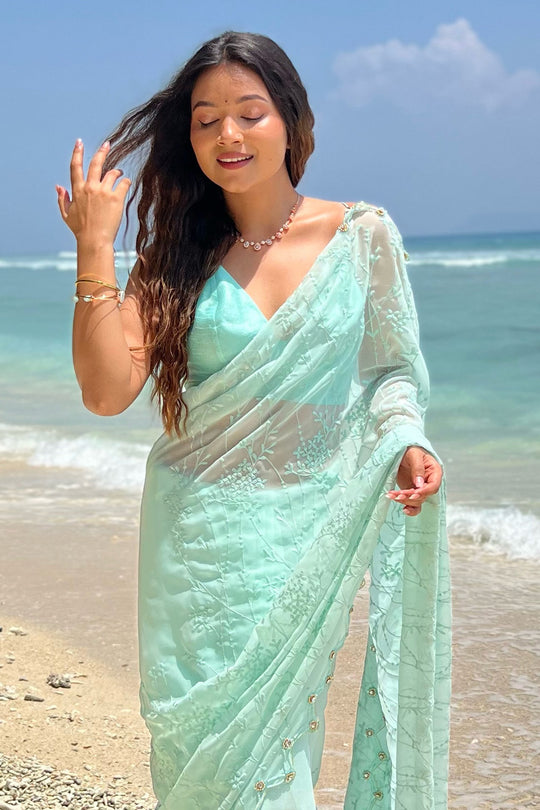Sky Blue Georgette Saree With Blouse Piece