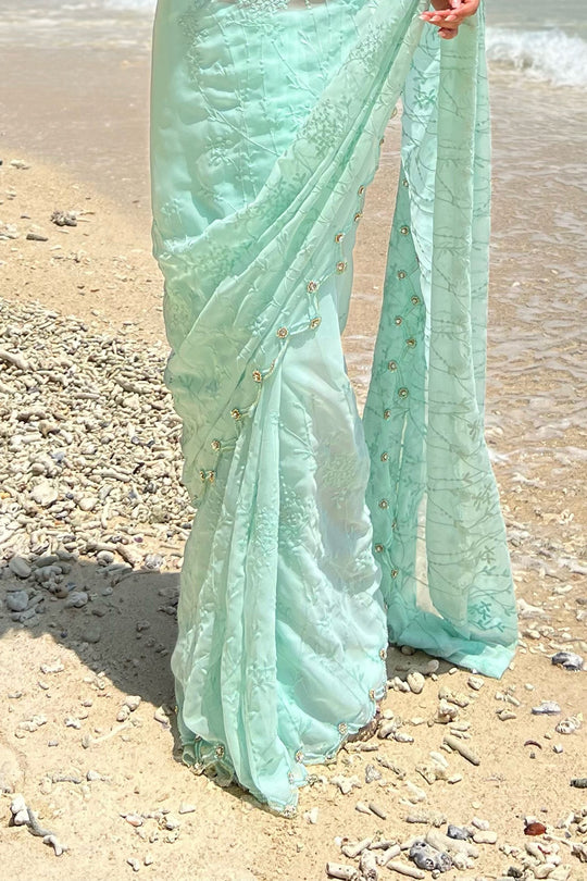 Sky Blue Georgette Saree With Blouse Piece
