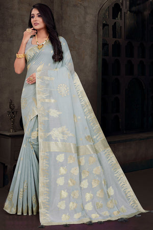 Womens Cotton Grey Saree With Blouse Piece