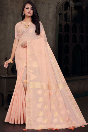 Womens Cotton Peach Saree With Blouse Piece