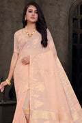 Womens Cotton Peach Saree With Blouse Piece