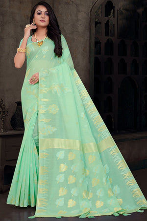 Womens Cotton Green Saree With Blouse Piece