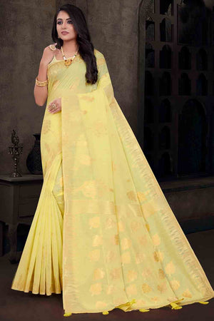 Womens Cotton Yellow Saree With Blouse Piece