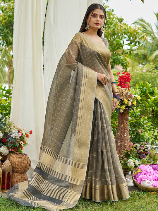 Grey Tissue Mosqus Saree With Blouse Piece