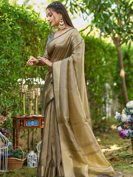 Grey Tissue  Saree With Blouse Piece
