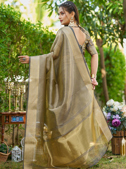 Grey Tissue  Saree With Blouse Piece