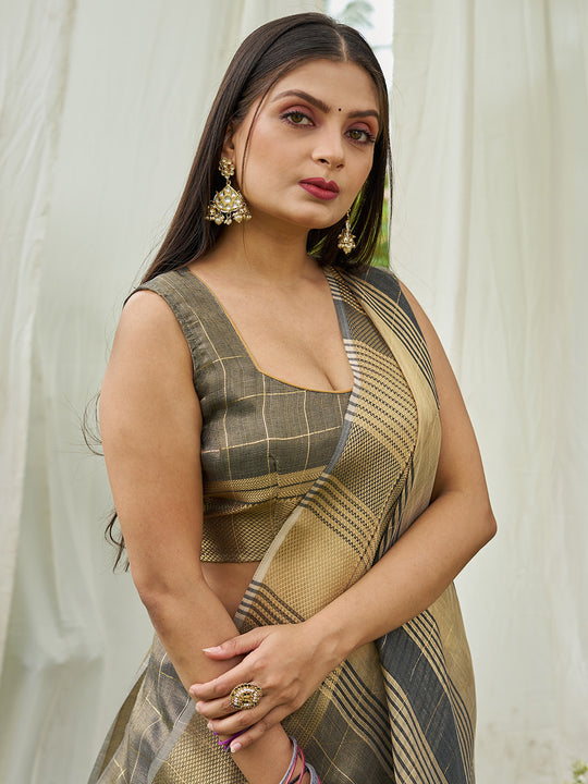Grey Tissue Mosqus Saree With Blouse Piece