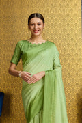 Green Georgette Printed Saree With Blouse Piece