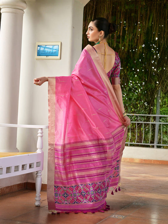 Pink Raw Silk Patola Saree With Blouse Piece