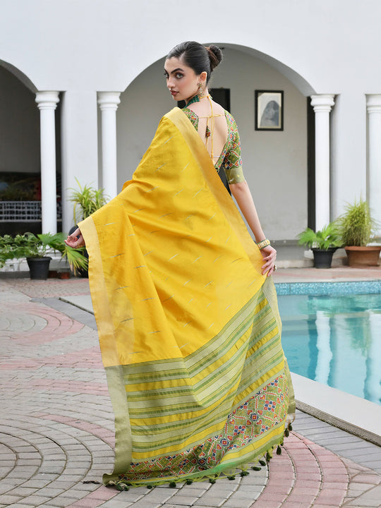 Yellow Raw Silk Patola Saree With Blouse Piece